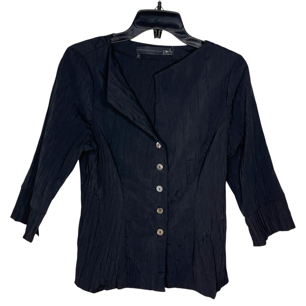 Porto San Francisco Blouse 0 XS Black Button Pleated 3/4 Sleeve Japanese Fabric